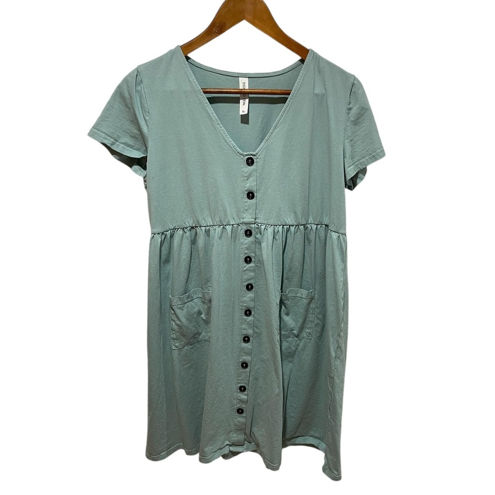 Tickled Teal Dress Womens XL Green Blue Short Sleeve Button Babydoll Pockets